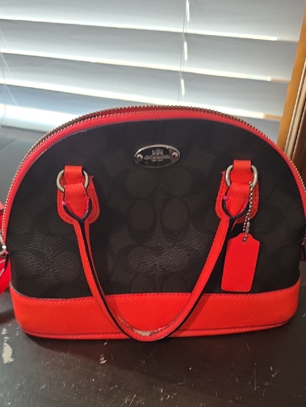 Coach Black Signature Dome Satchel with Red Trim